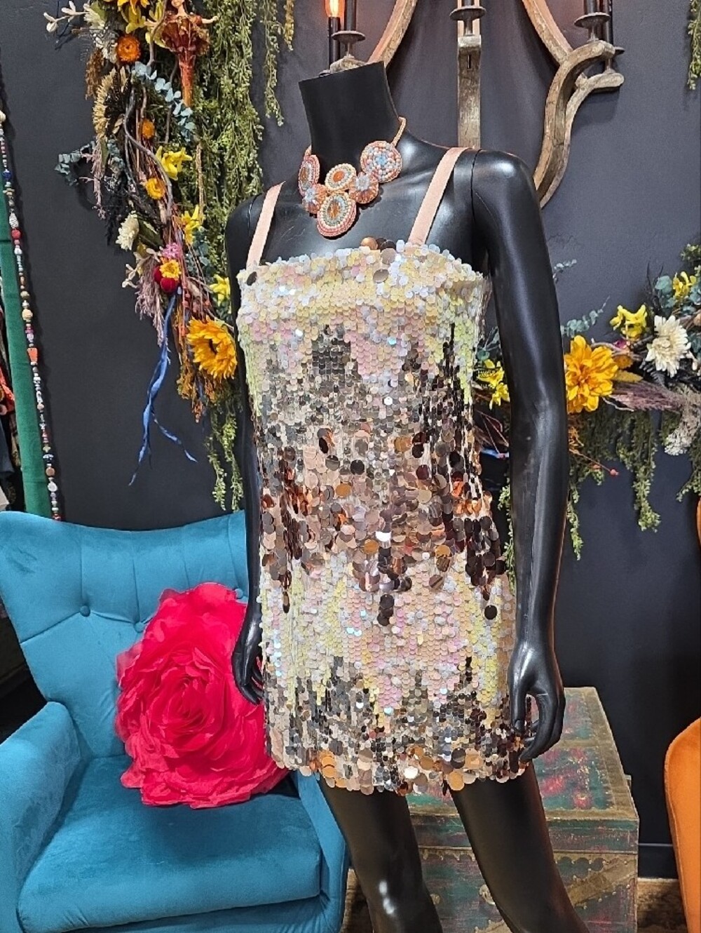 Luxxel Iridescent Sequin Mini Dress - Champagne, Rose, Gold - Picture 2 of 13